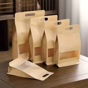 Handle Kraft Paper Bag Stand up with Zipper Flat Bottom Bag